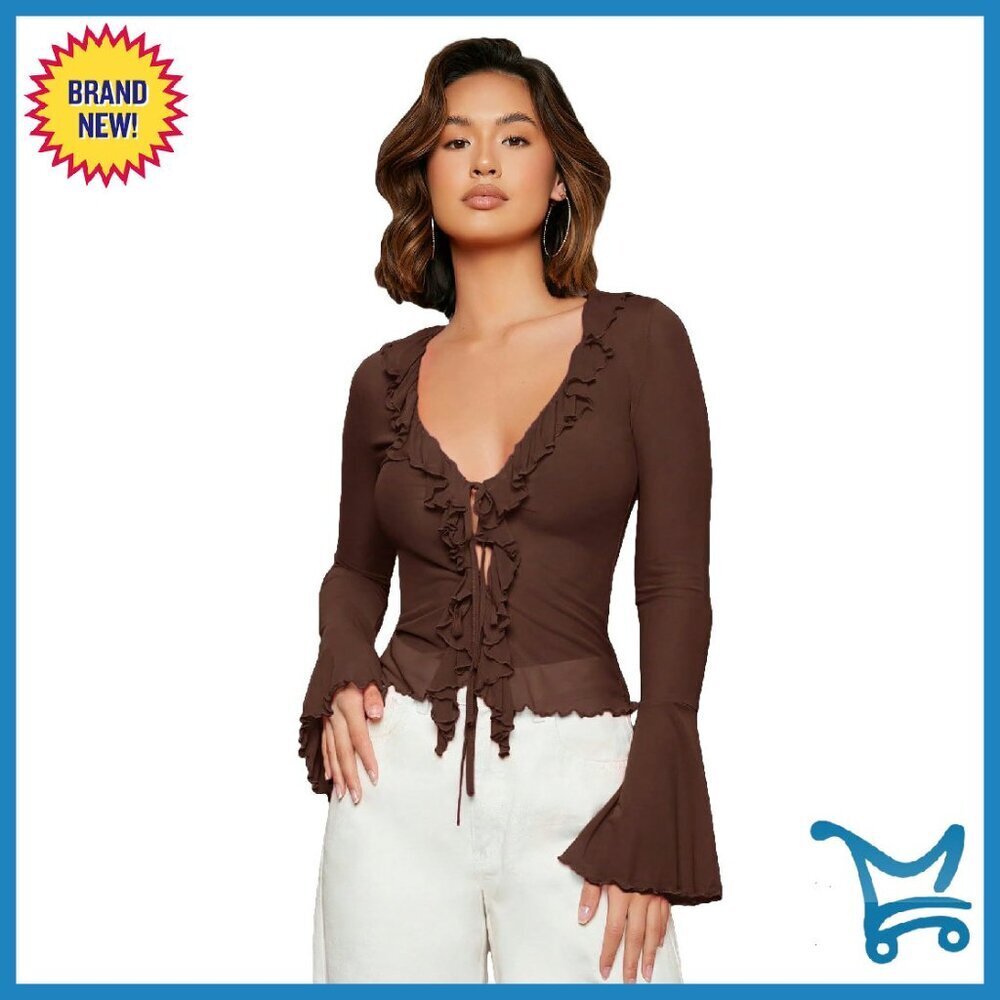 Sheer Mesh Bell Sleeve Tie Front Cardigan Blouse